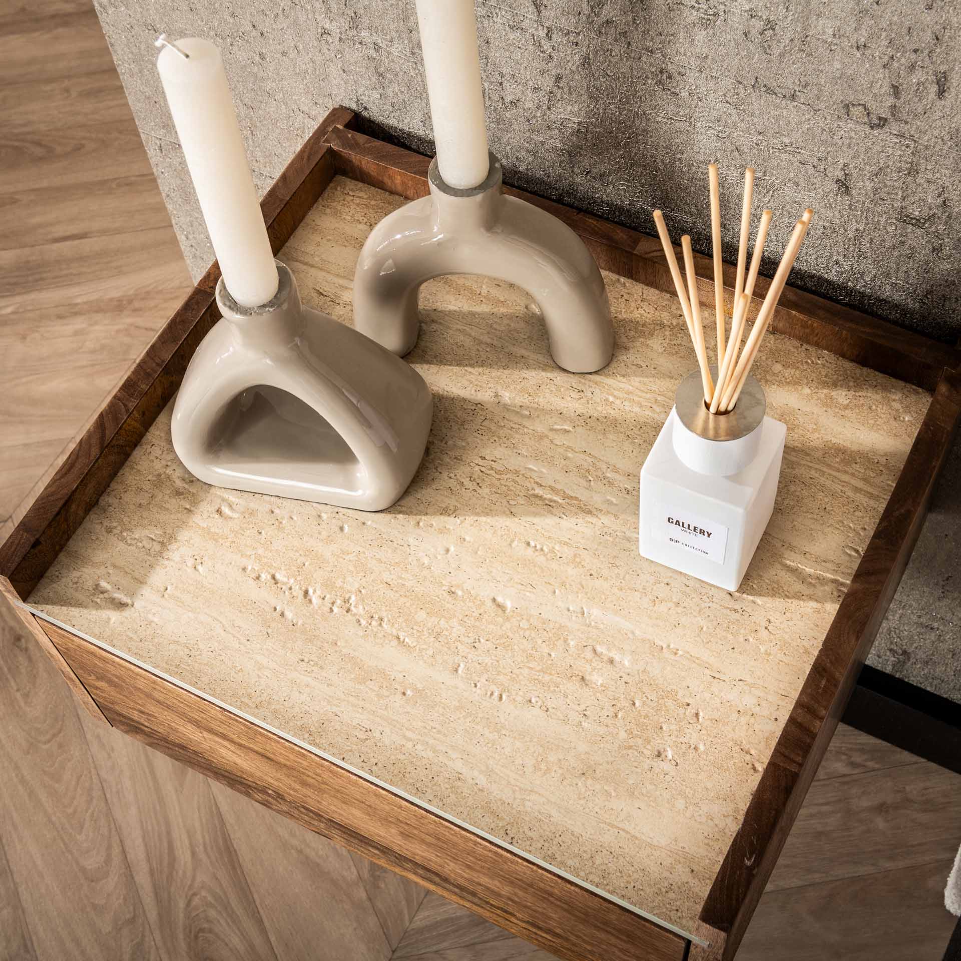 Nachtkastje Siena - Mangohout - Travertin - Zwevend