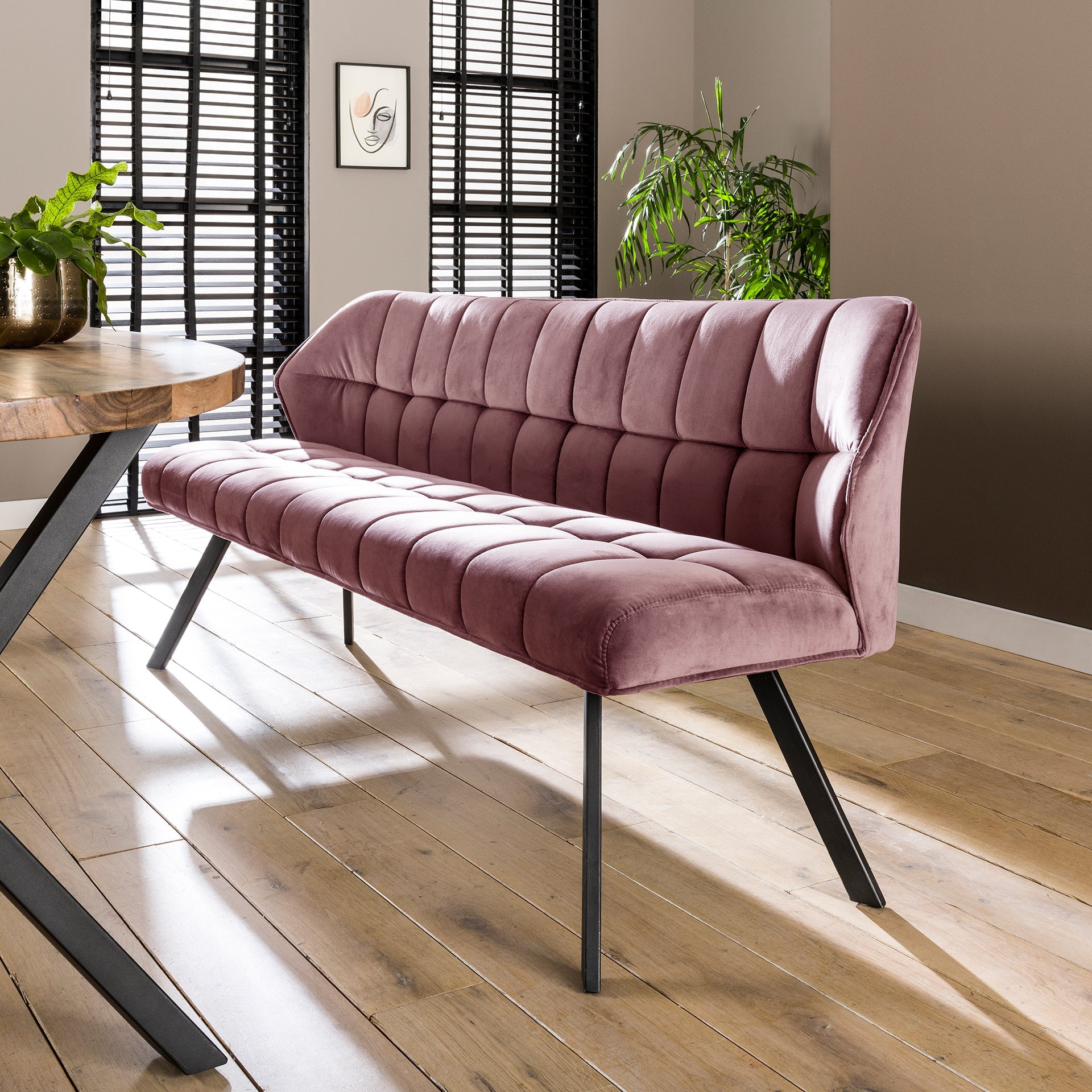 Eetkamerbank Vantage - Roze - Fluweel - 180 cm