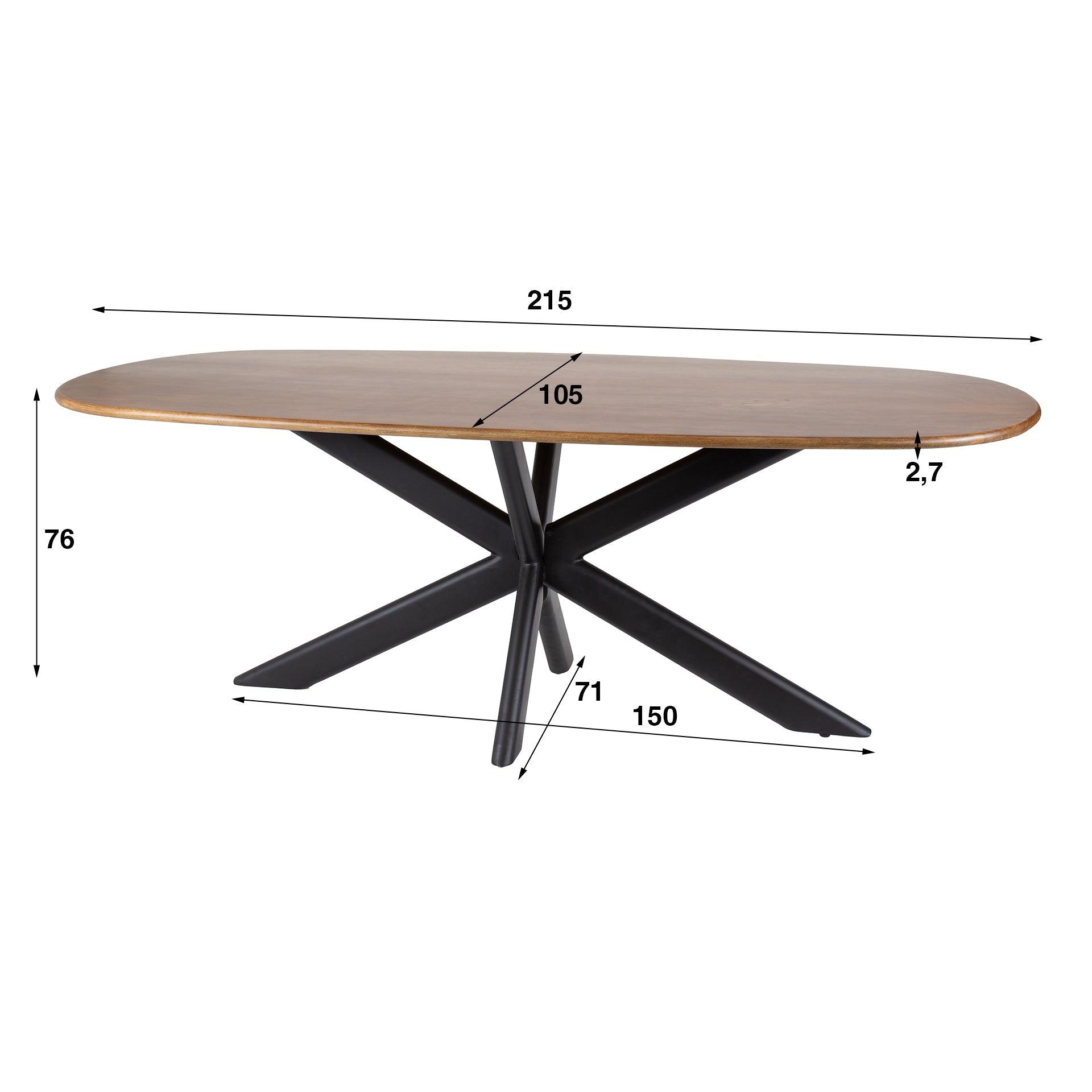 Eettafel Montaro - Bruin - Mangohout - 215 cm - Deens Ovaal