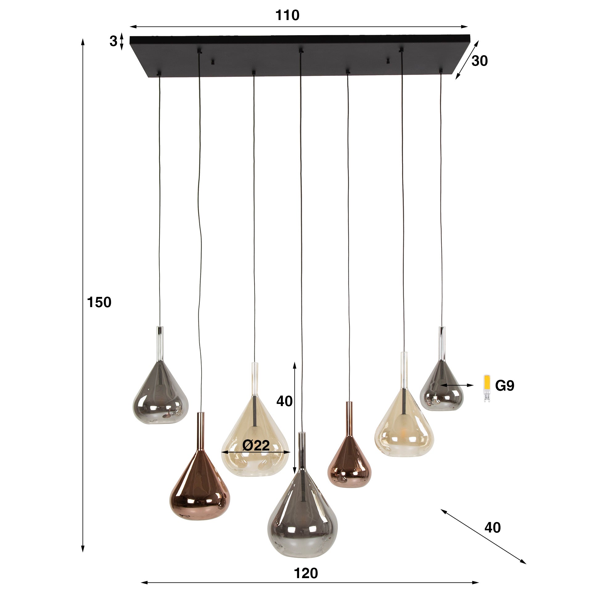 Hanglamp Raindrop - 7-lichts - Amber Mix - Glas