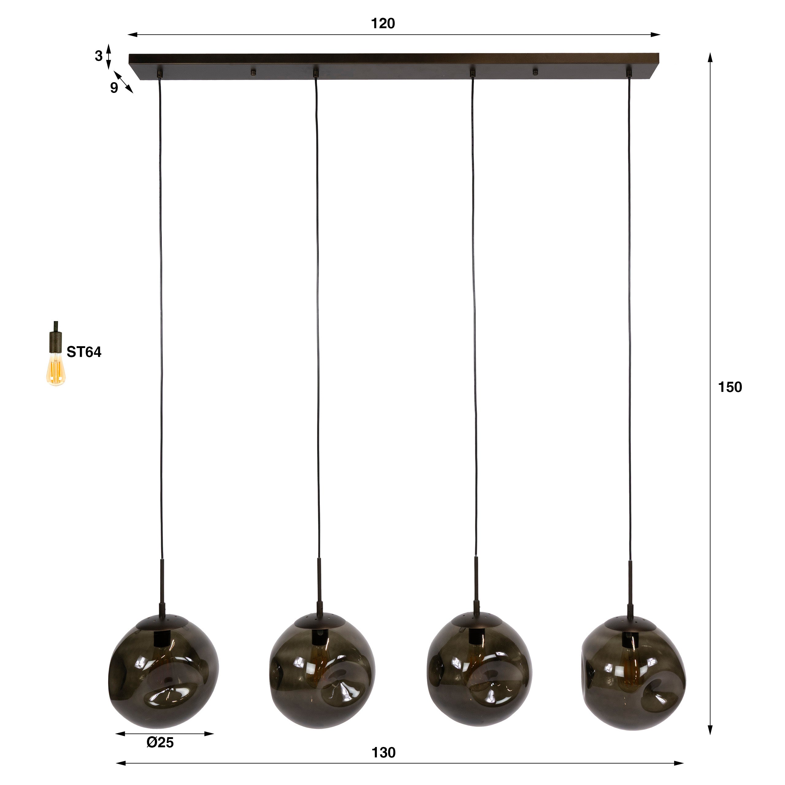 Hanglamp Bellum - 4-lichts - Brons - Glazen Bollen