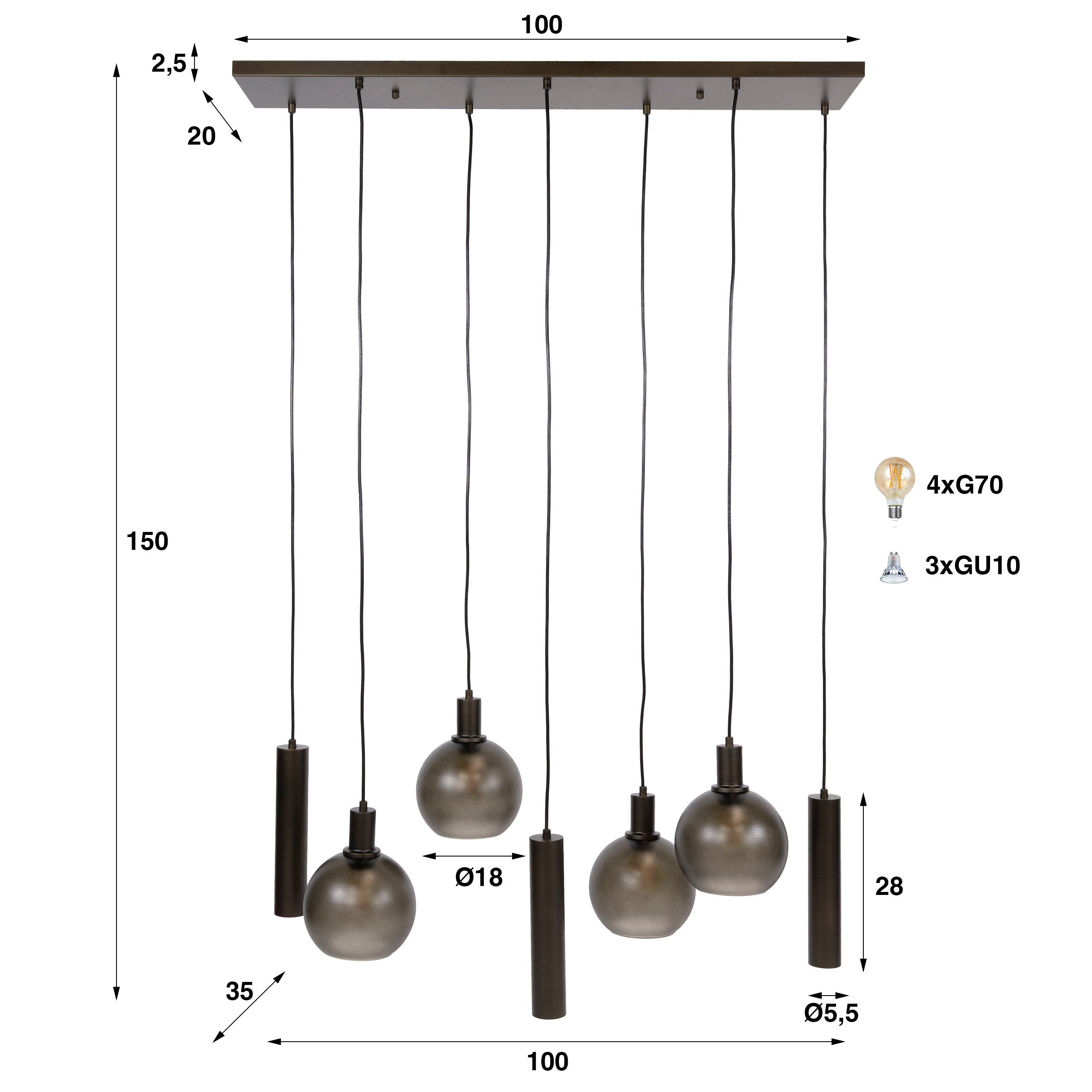 Hanglamp Luneo - 7-lichts - Brons - Matglas - Met Spots