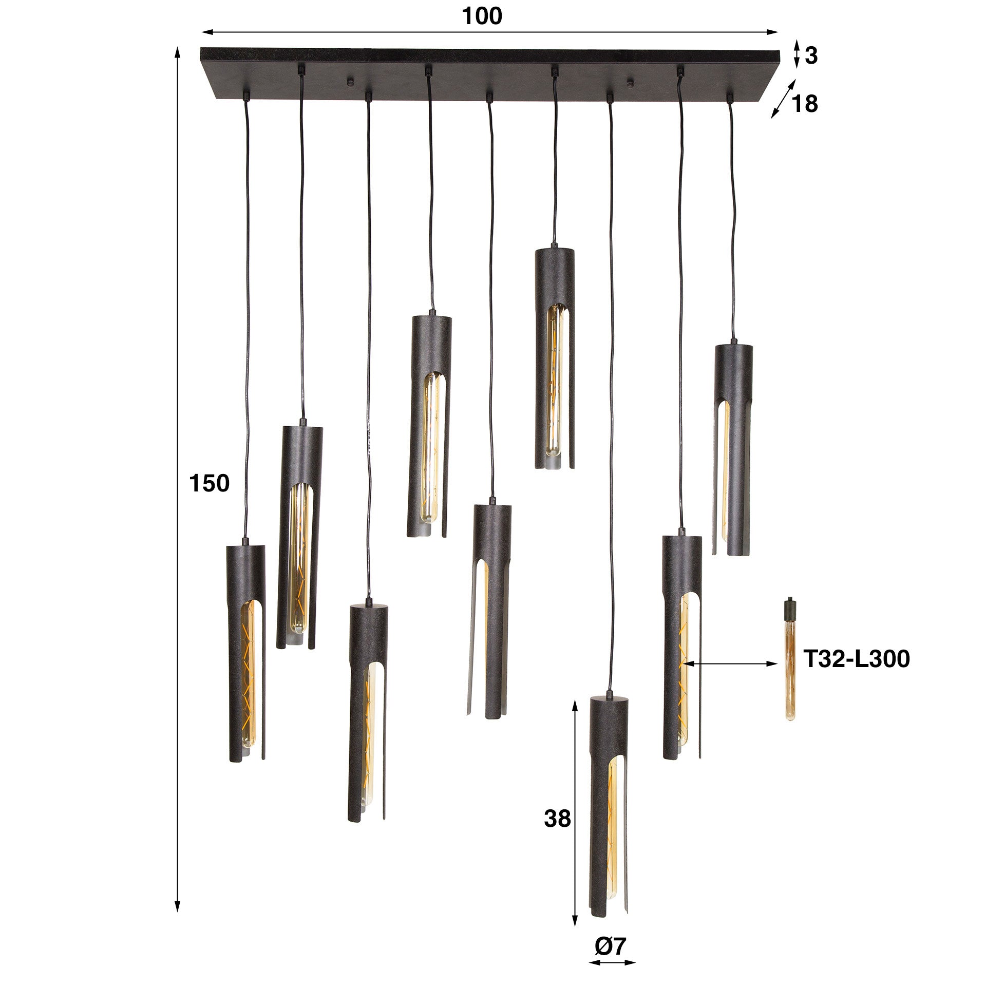 Hanglamp Lumen - 9-lichts - Zwart - Metaal