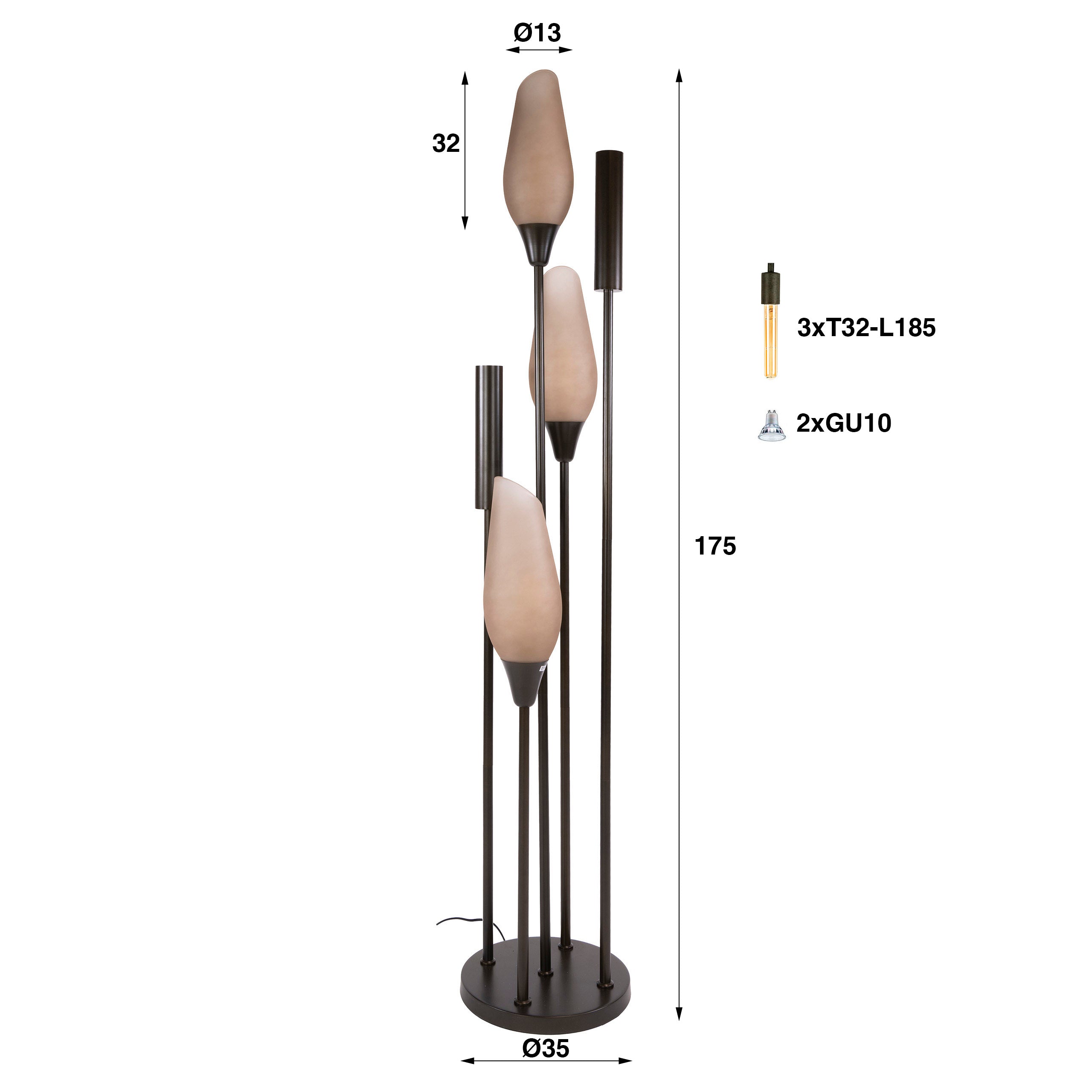 Vloerlamp Alune - 5-lichts - Brons - Matglas - 168 cm - Met Spots