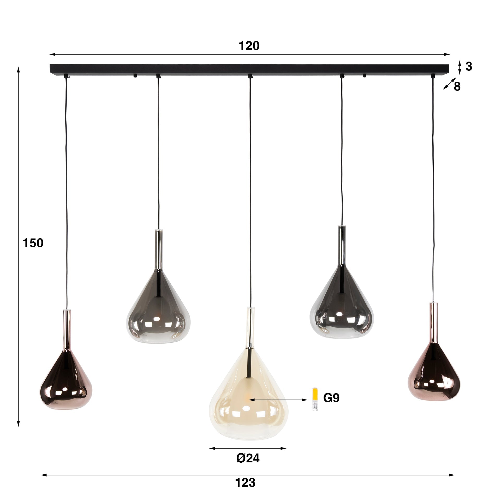 Hanglamp Raindrop - 5-lichts - Amber Mix - Glas