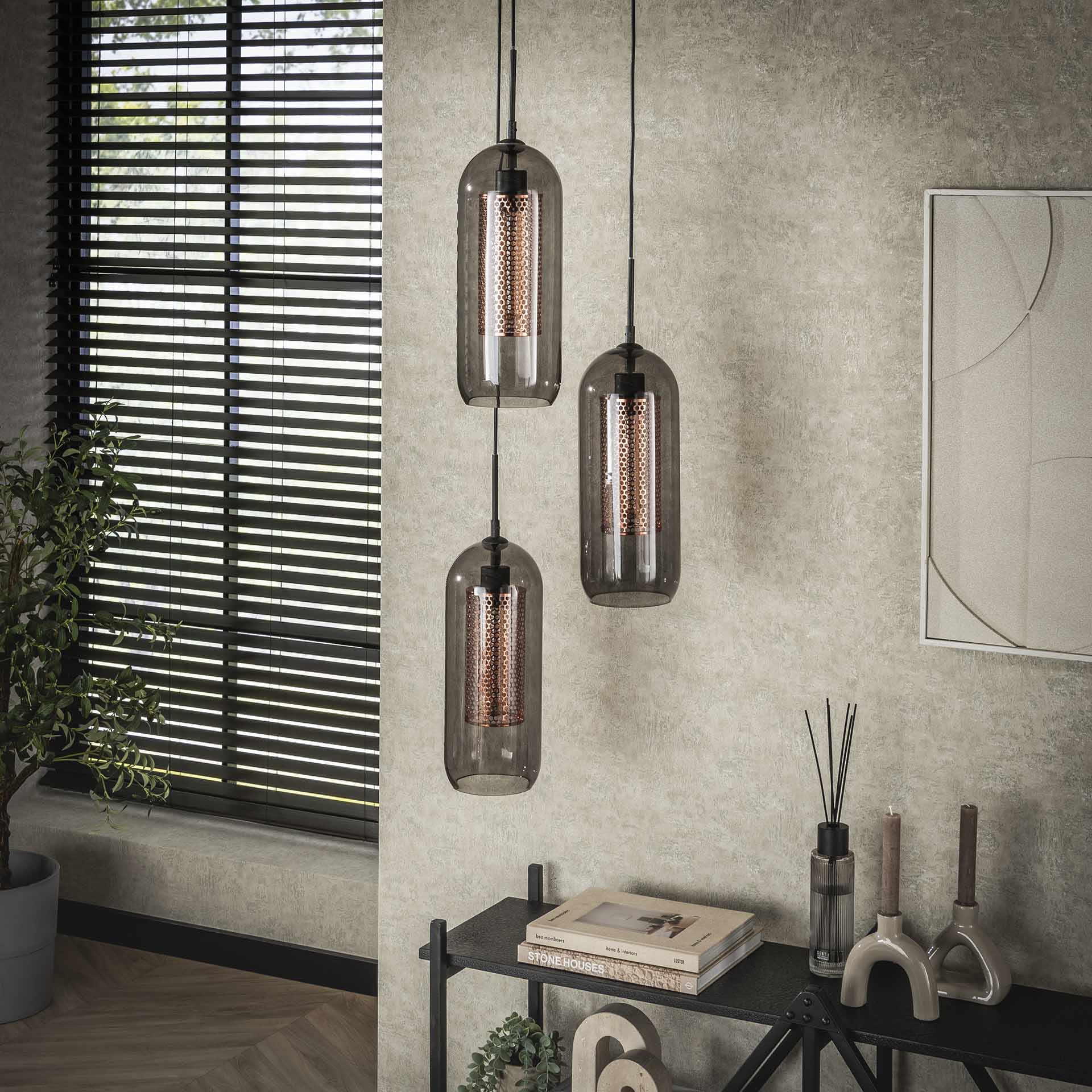 Hanglamp Nyla - 3-lichts - Rook - Glas