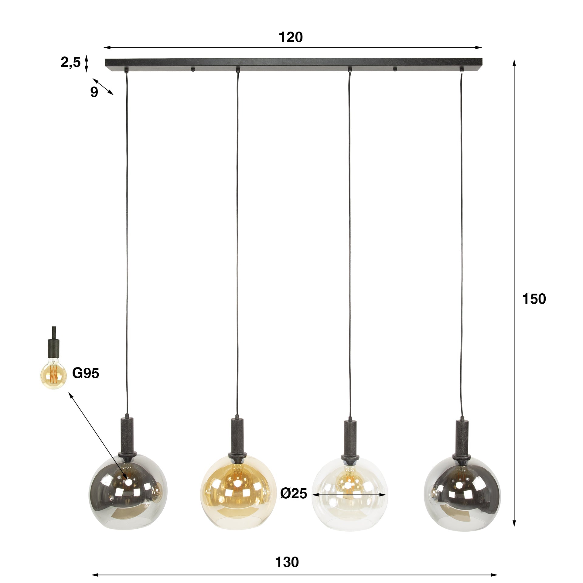 Hanglamp Auren - 4-lichts - Amber Mix - Glazen Bollen
