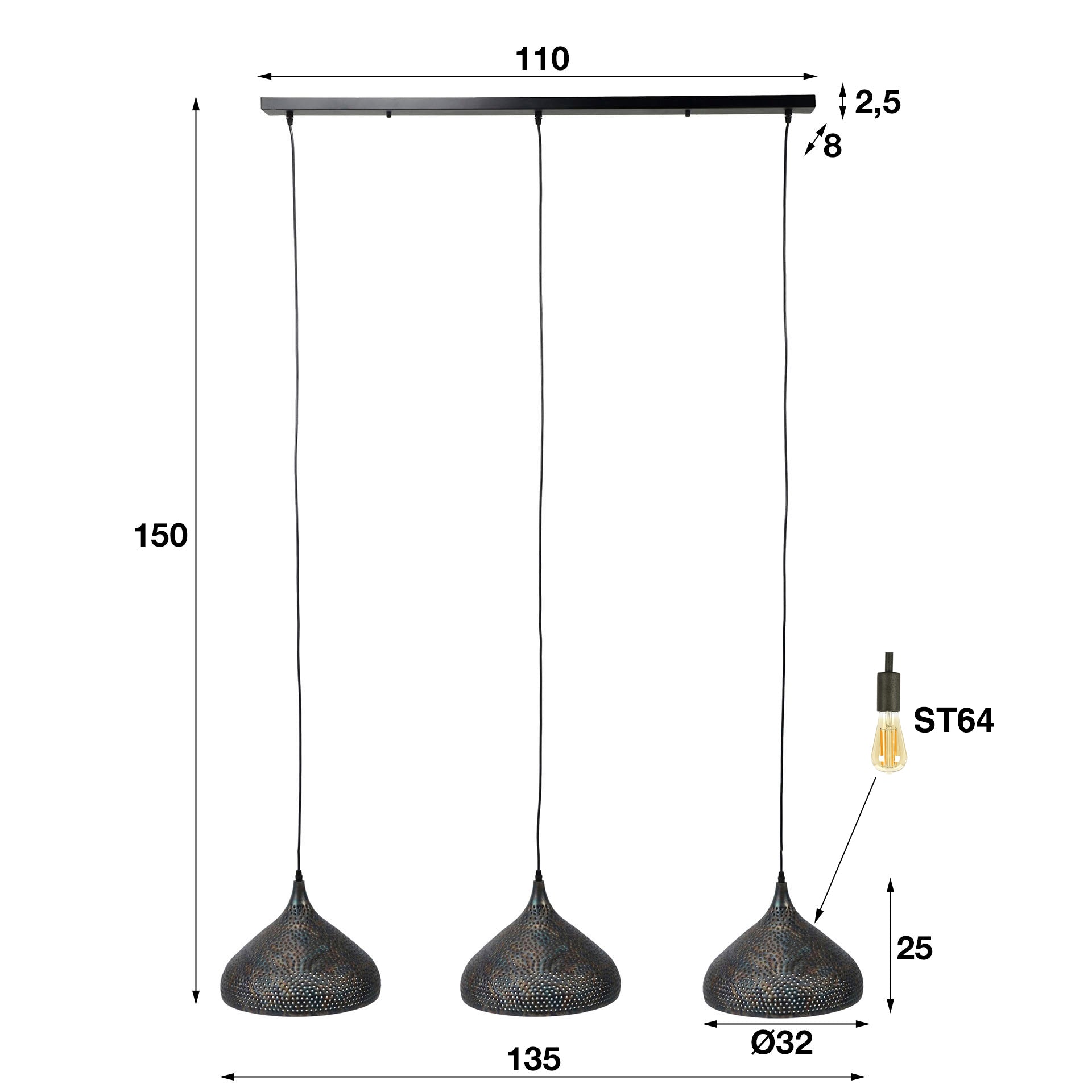 Hanglamp Rebel - 3-lichts - Zwart/Bruin - Metaal