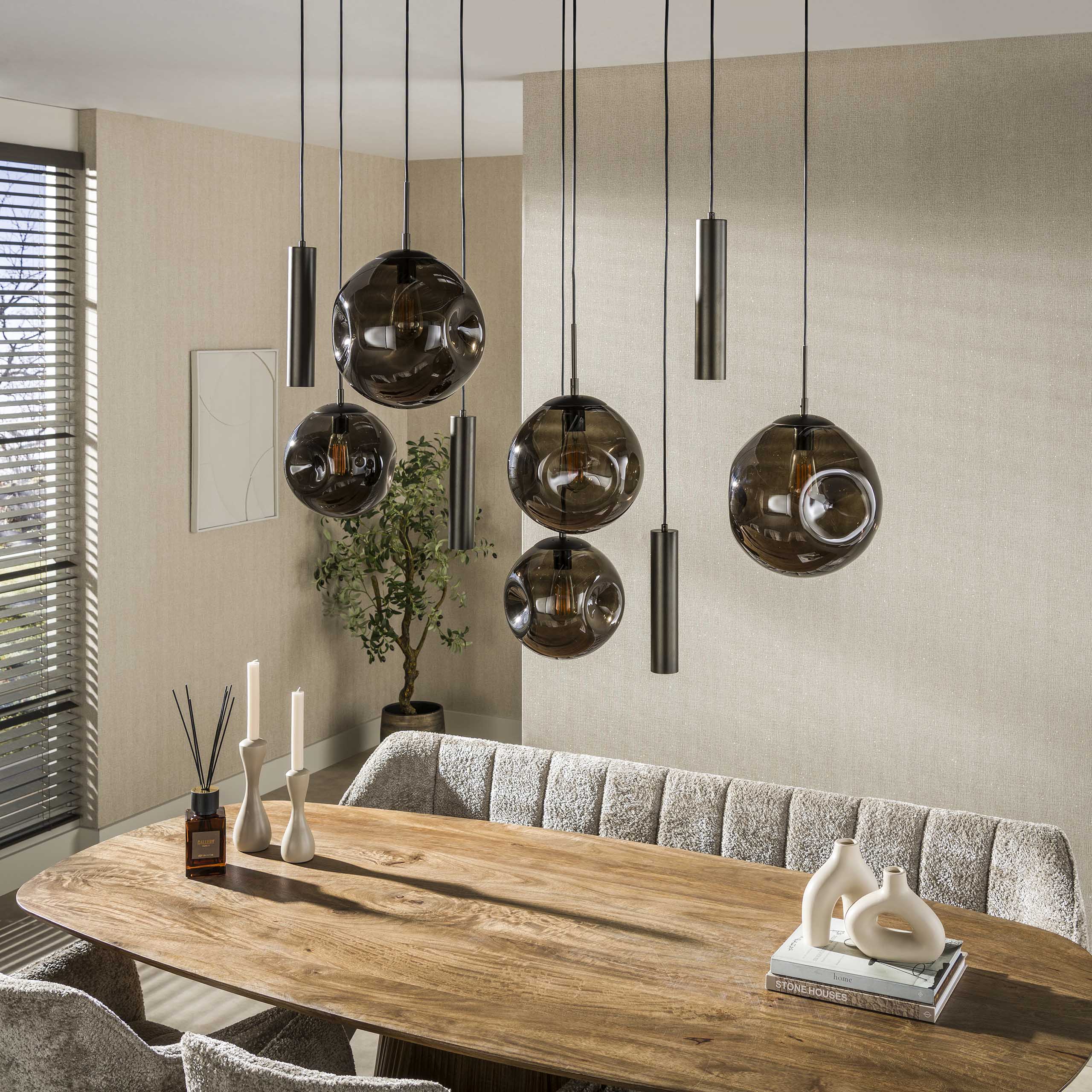Hanglamp Bellum - 9-lichts - Brons - Glazen Bollen - Met Spots