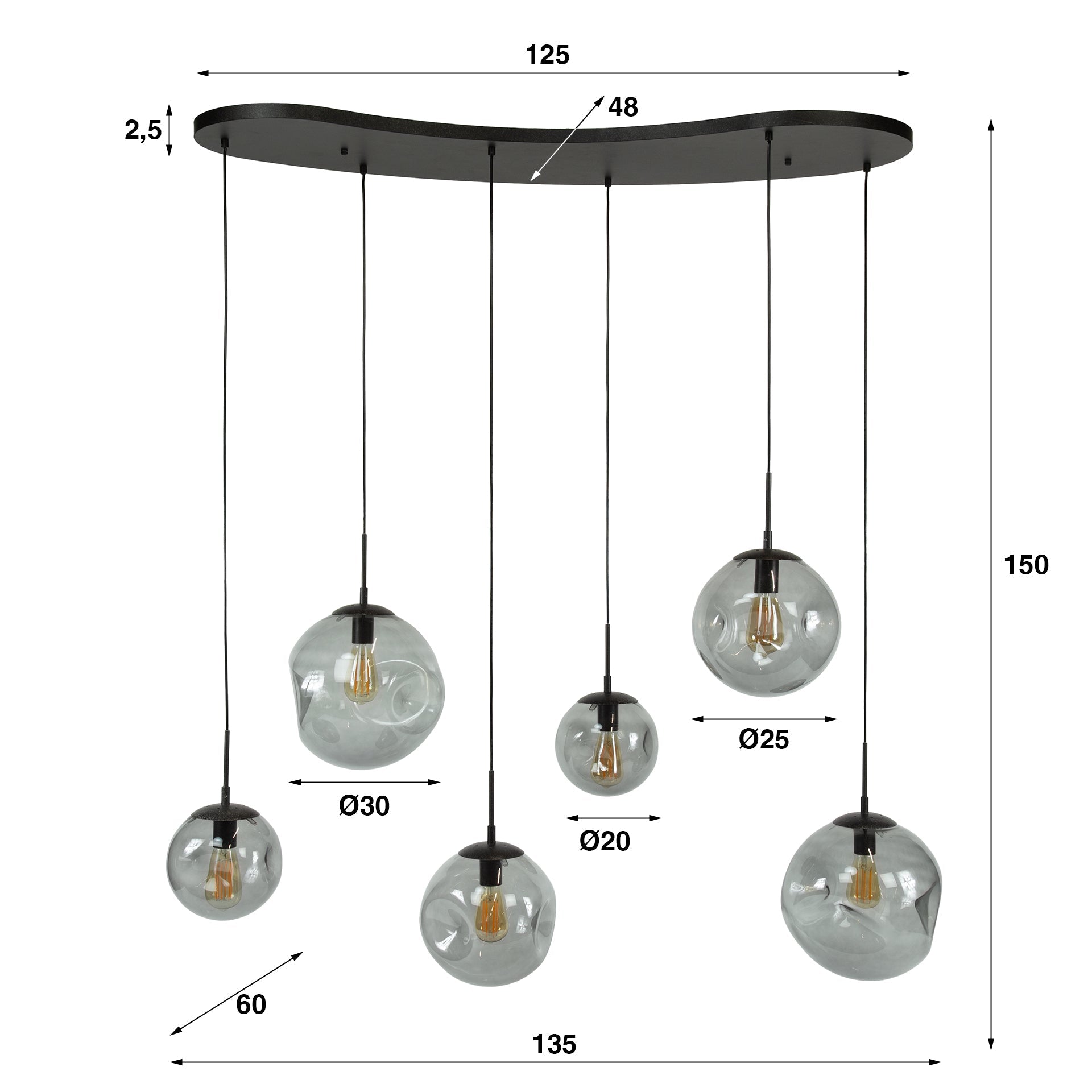 Hanglamp Bellum - 6-lichts - Smoke - Glazen Bollen