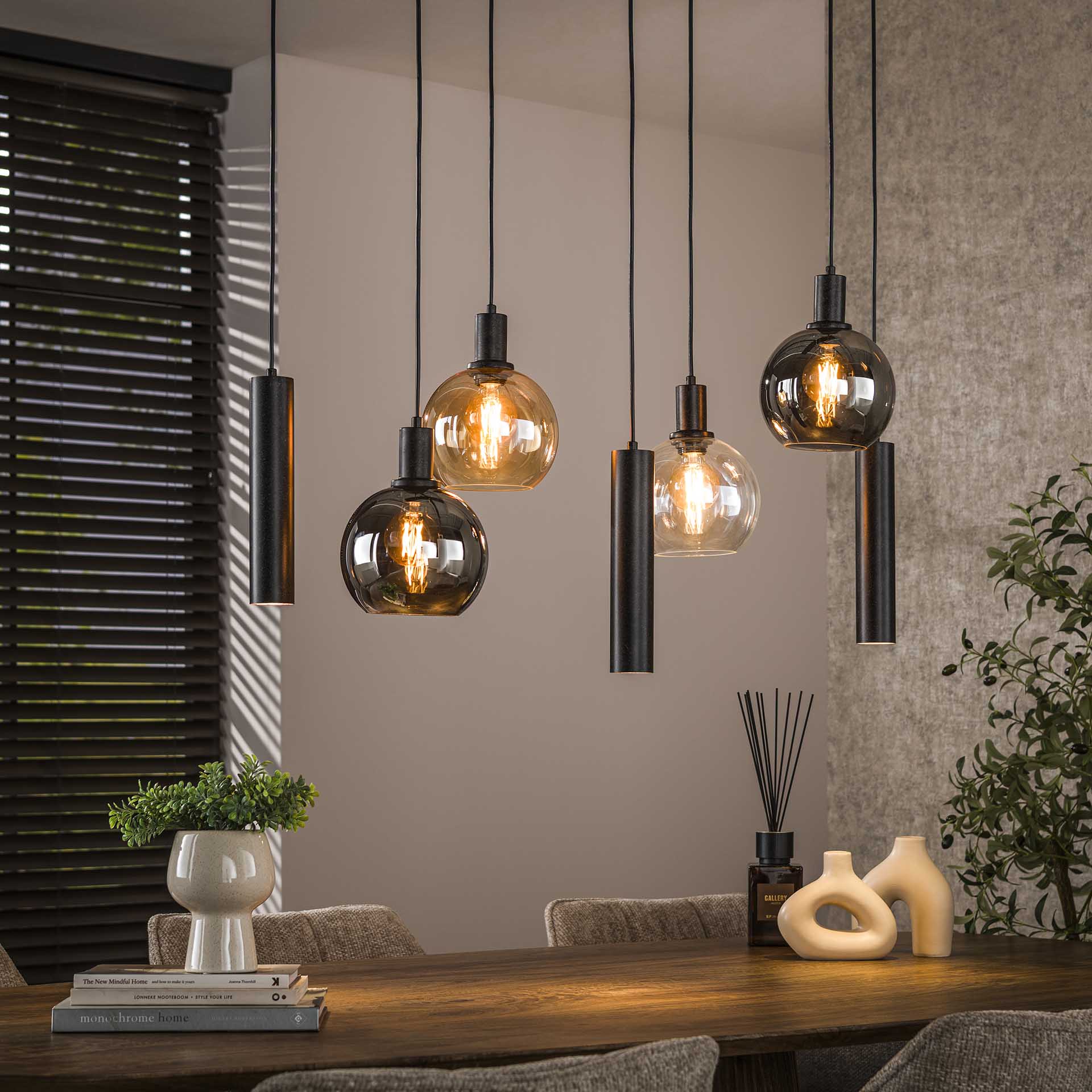 Hanglamp Luneo - 7-lichts - Amber Mix - Glas - Met Spots