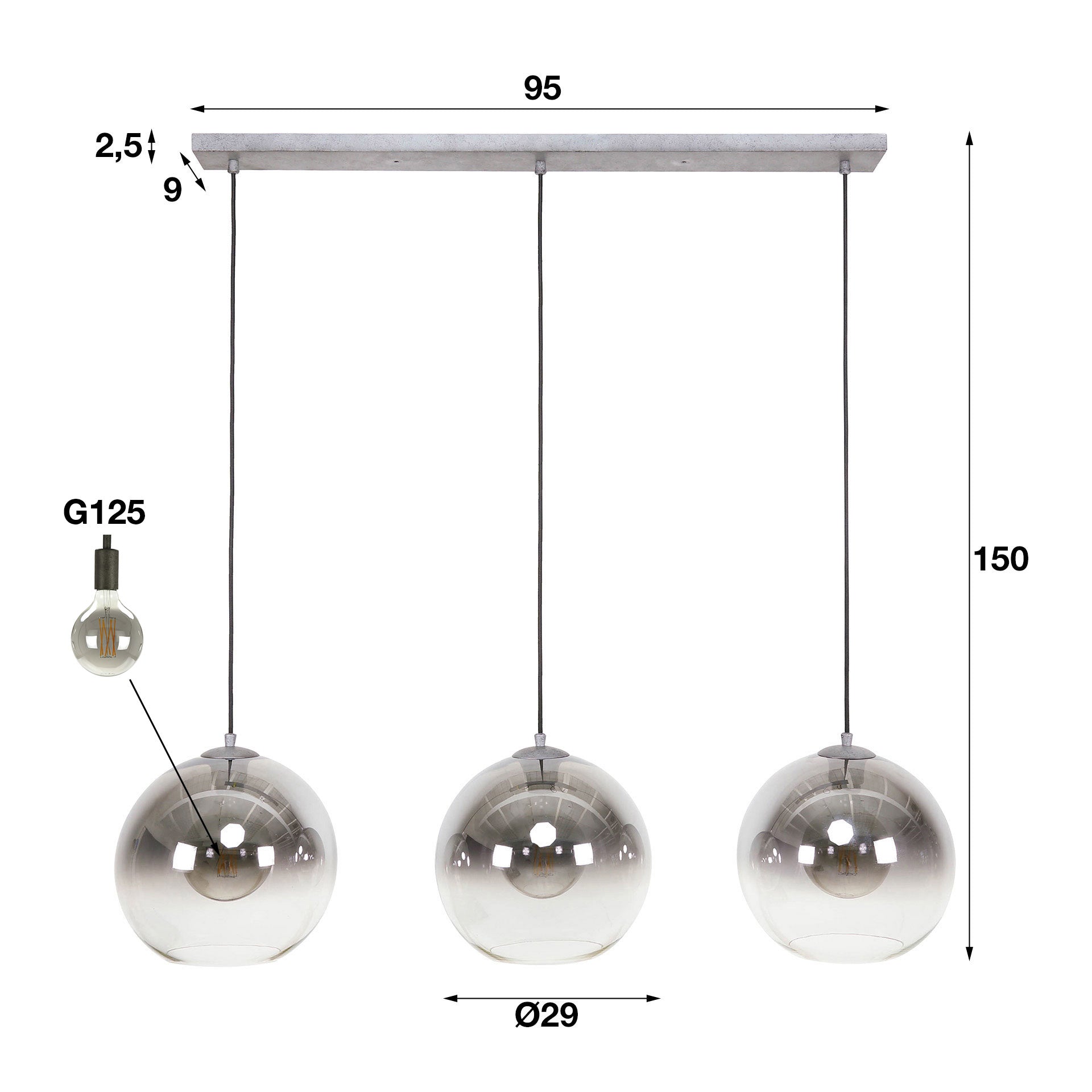 Hanglamp Hudson - 3-lichts - Smoke - Glazen Bollen
