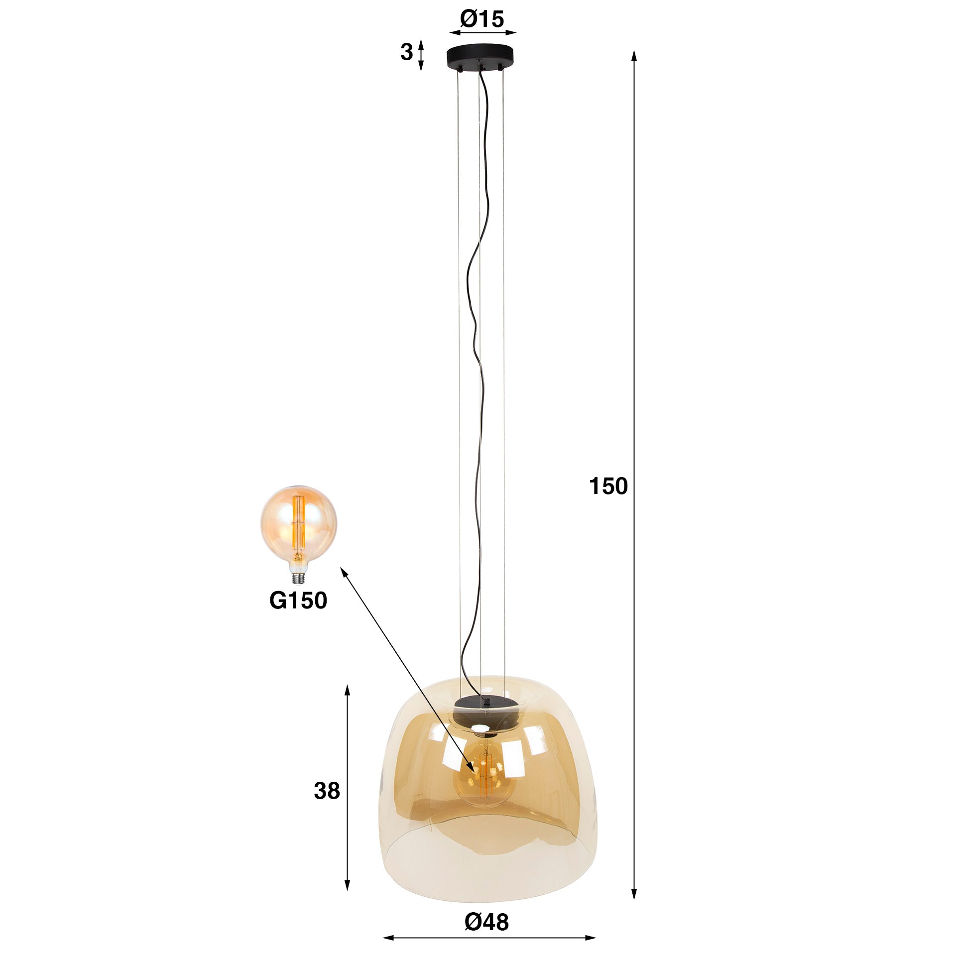 Hanglamp Lunaris XL - 1-lichts - Amberkleurig - Glas