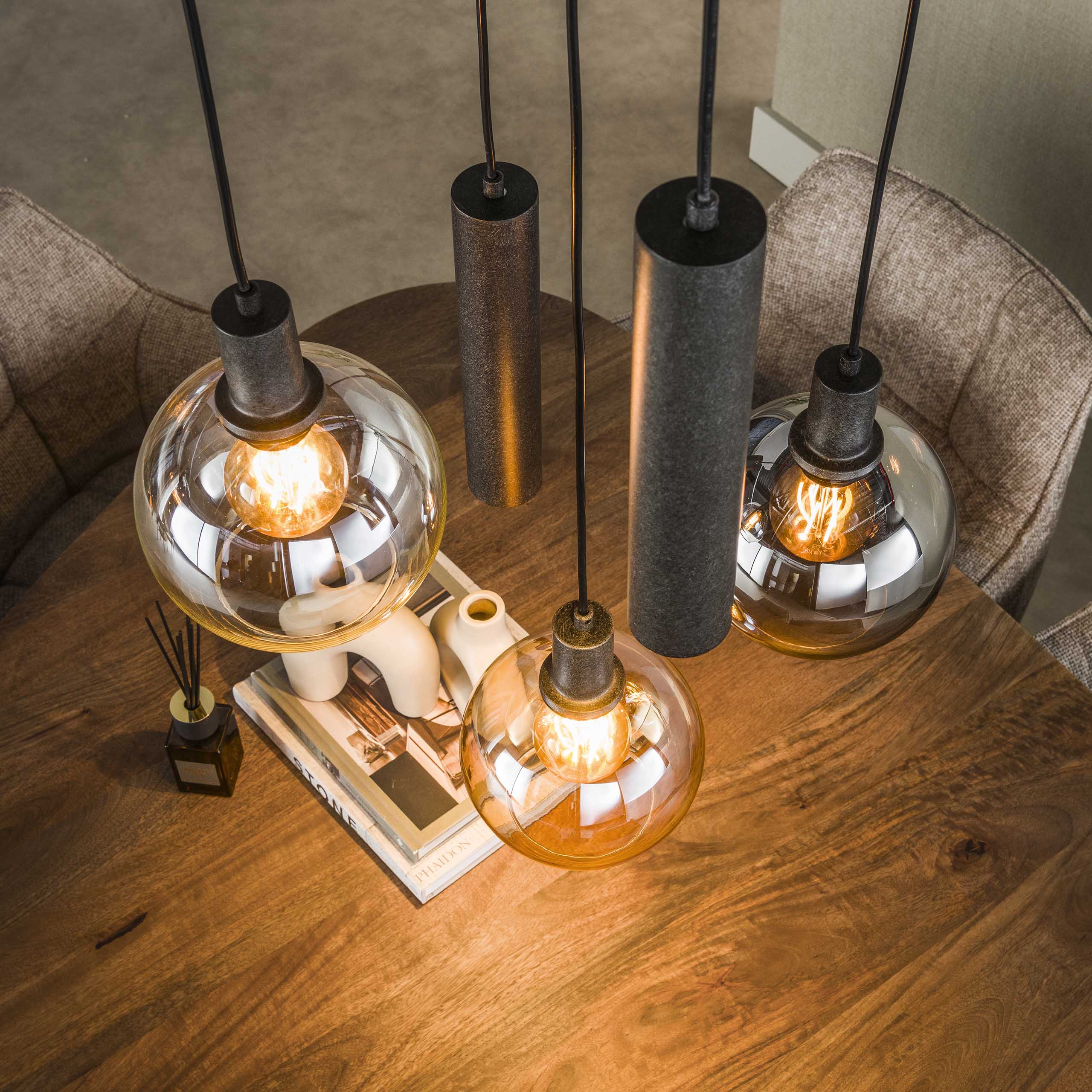 Hanglamp Luneo - 5-lichts - Amber Mix - Glas - Getrapt - Met Spots