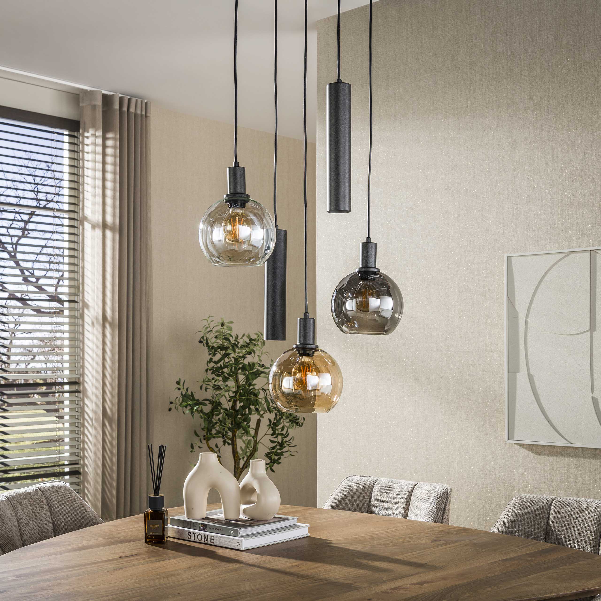 Hanglamp Luneo - 5-lichts - Amber Mix - Glas - Getrapt - Met Spots