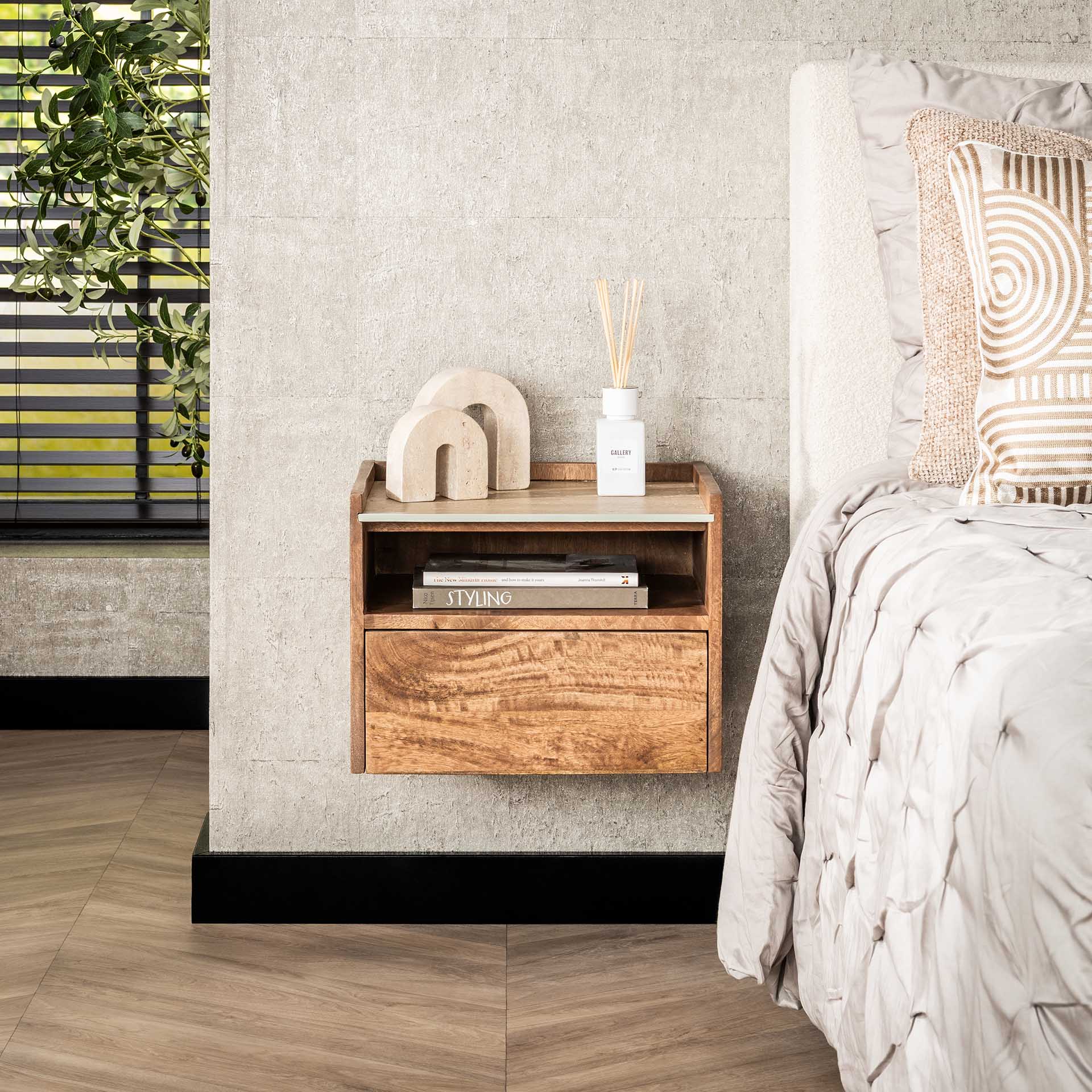 Nachtkastje Doorie - Mangohout - Travertin - Zwevend