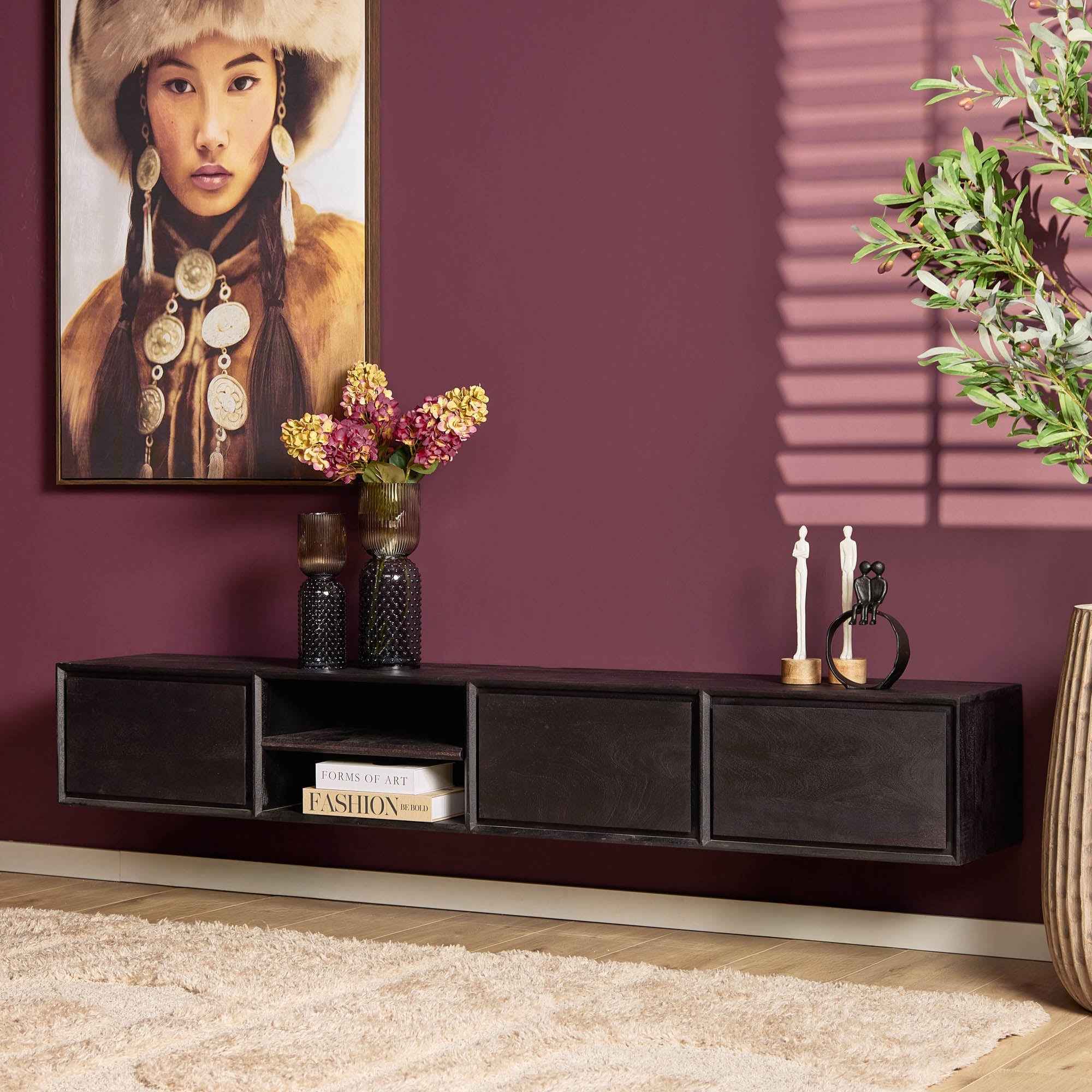 Zwevend TV-meubel Nivara - Zwart - 200 cm