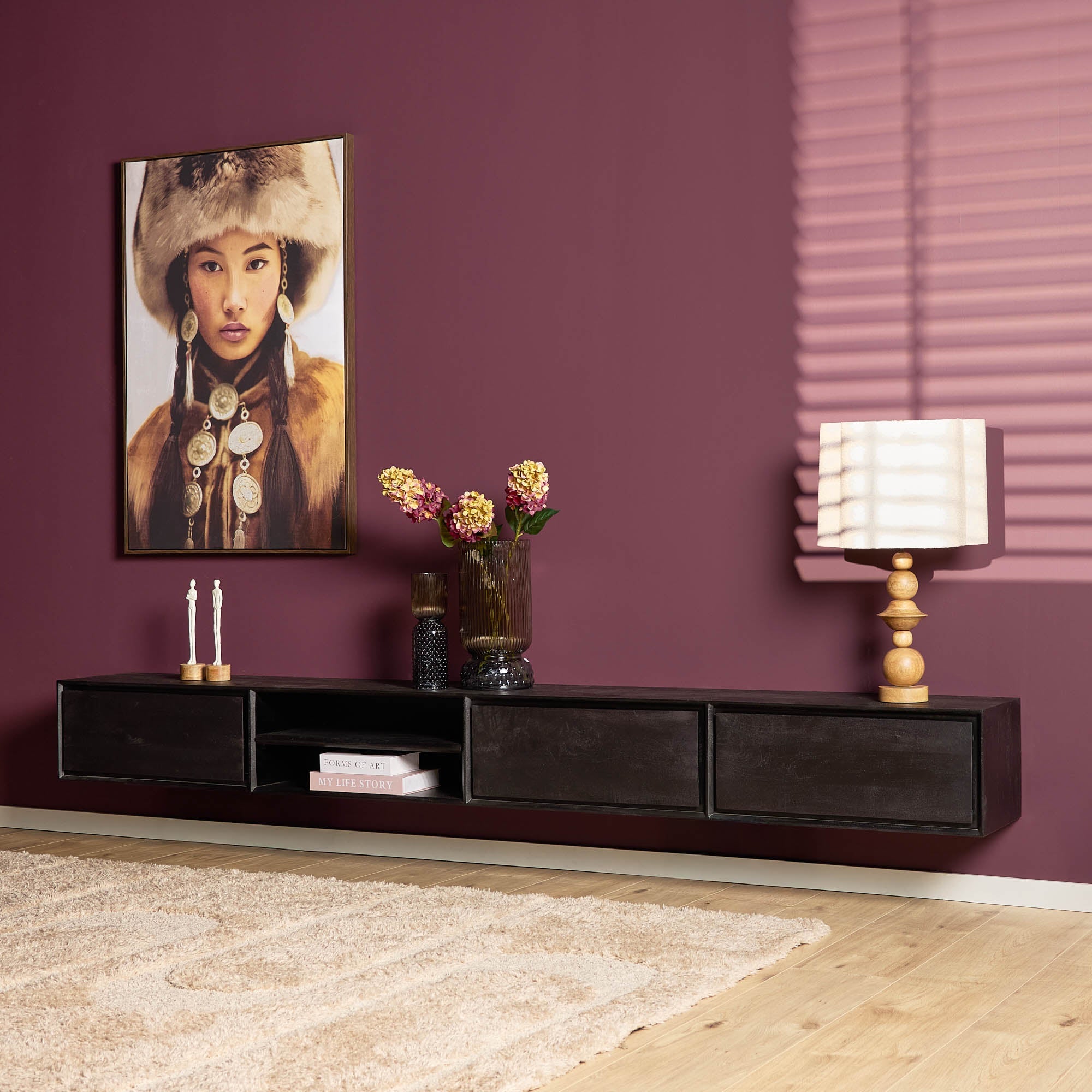 Zwevend TV-meubel Nivara - Zwart - 280 cm