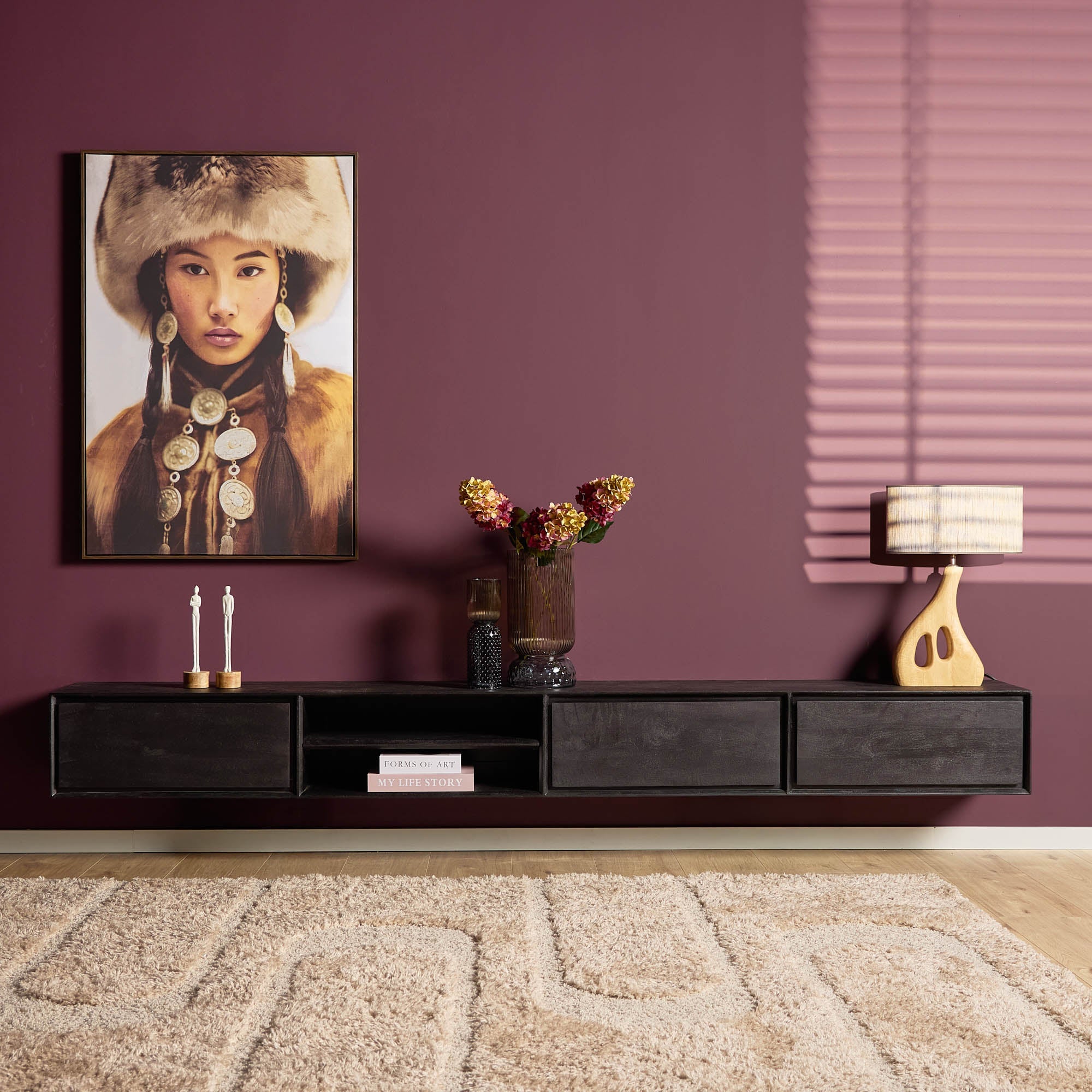 Zwevend TV-meubel Nivara - Zwart - 280 cm