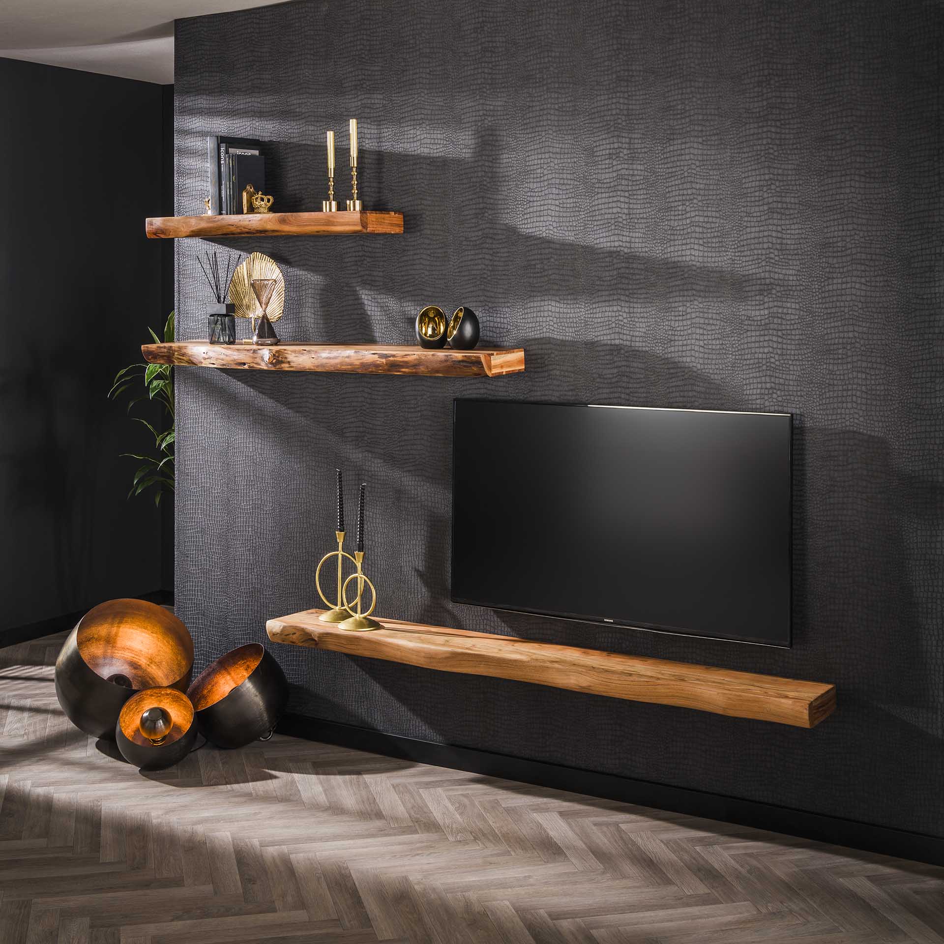 Wandplank / TV-meubel Timber - Bruin - Acaciahout - 200 cm