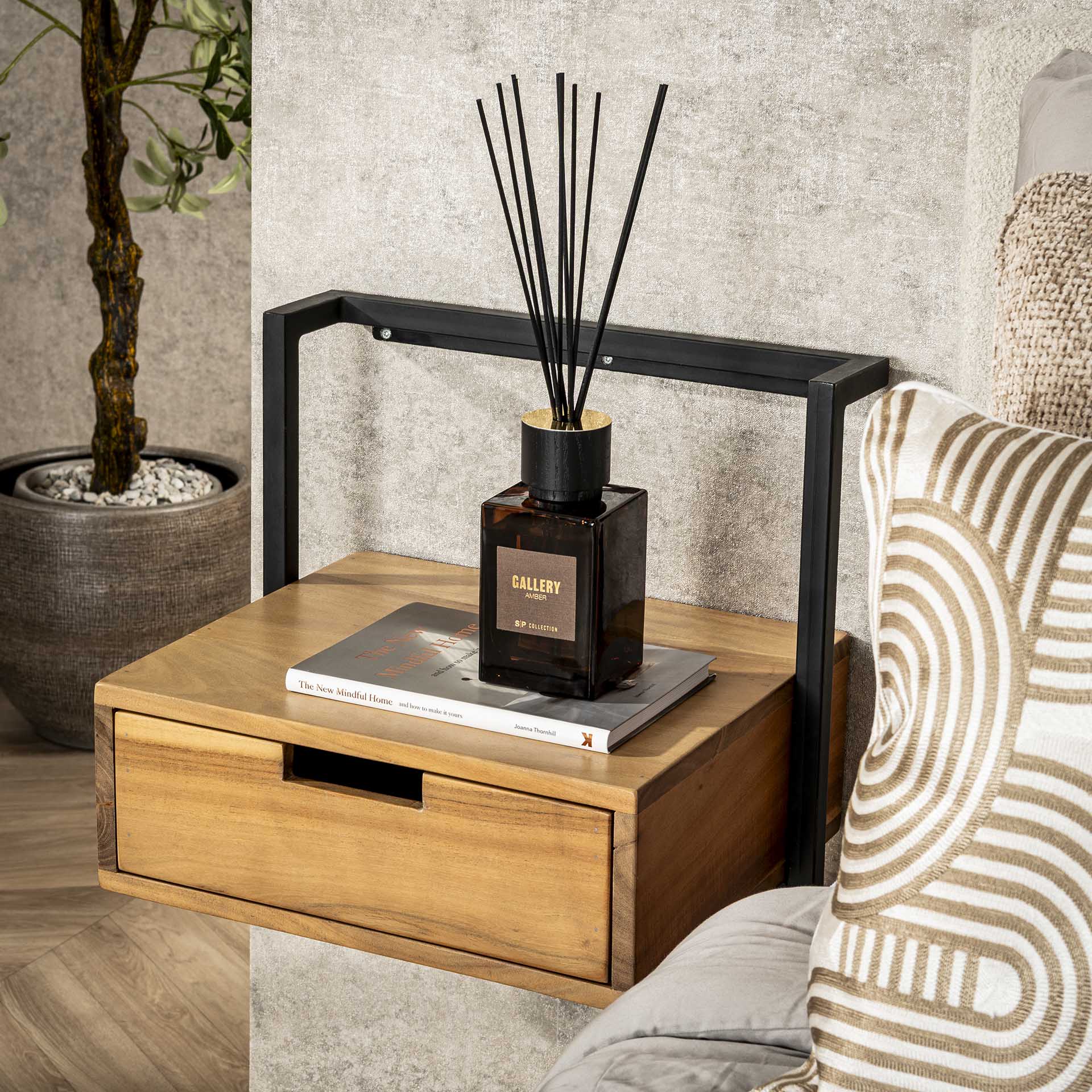 Nachtkastje Whirl - Lichtbruin - Acaciahout - Zwevend