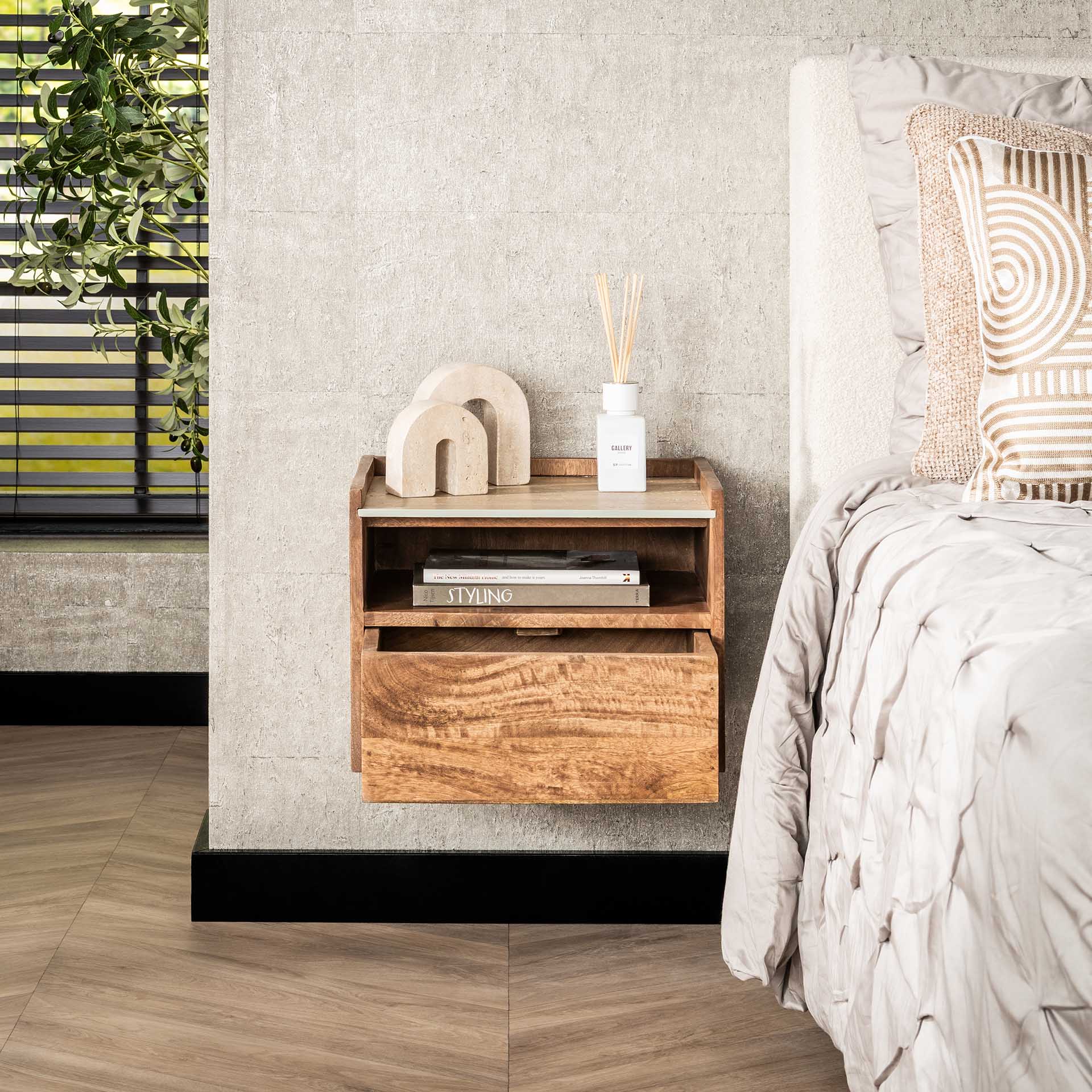 Nachtkastje Doorie - Mangohout - Travertin - Zwevend