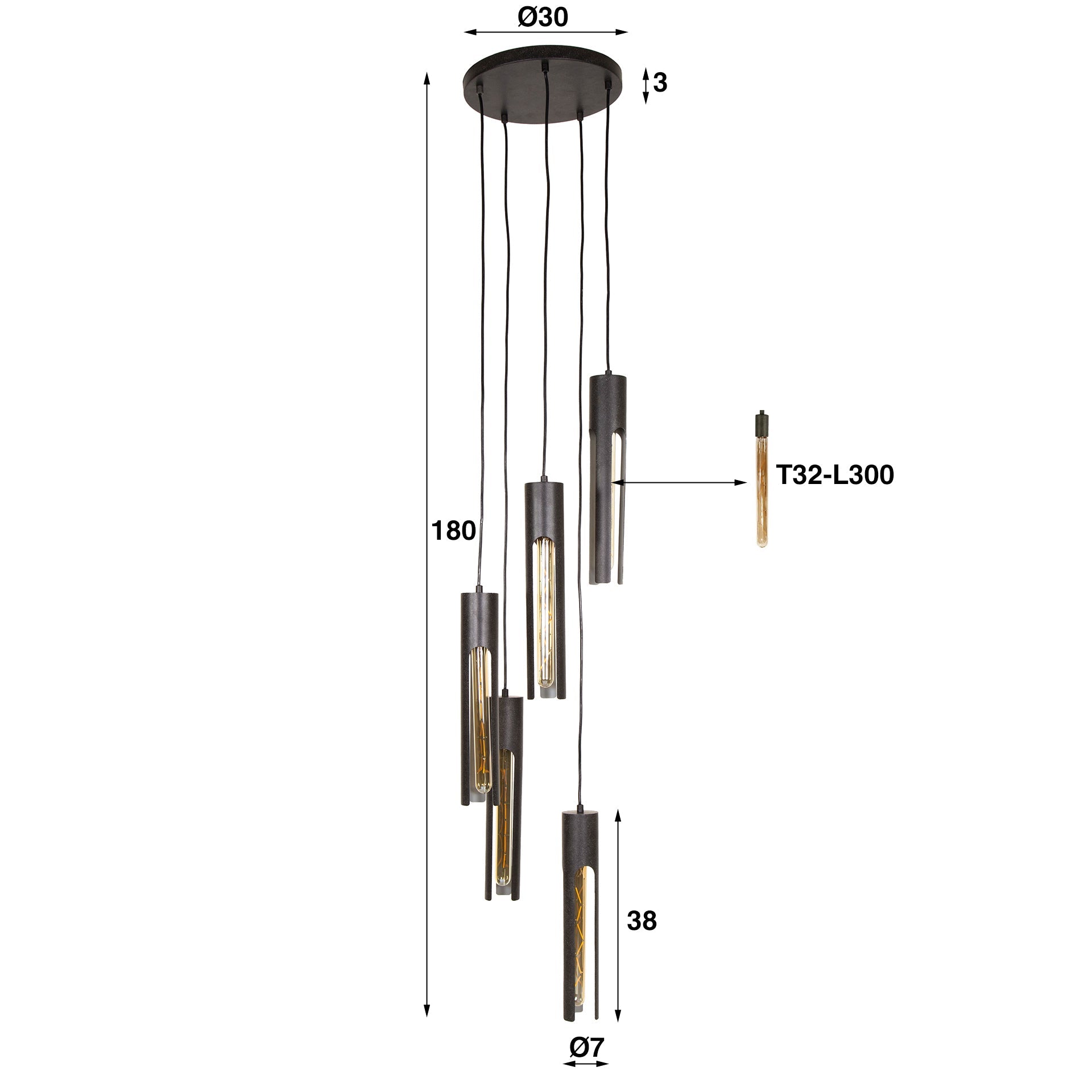 Hanglamp Lumen - 5-lichts - Zwart - Metaal