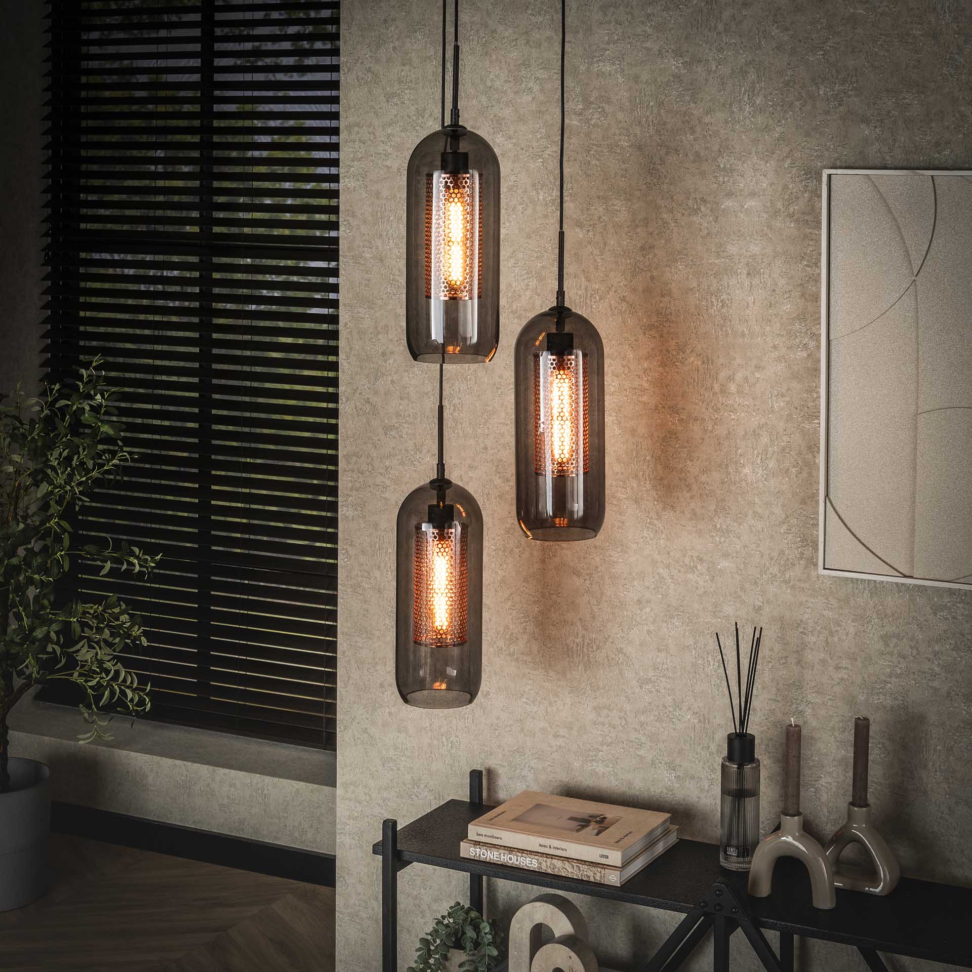 Hanglamp Nyla - 3-lichts - Rook - Glas