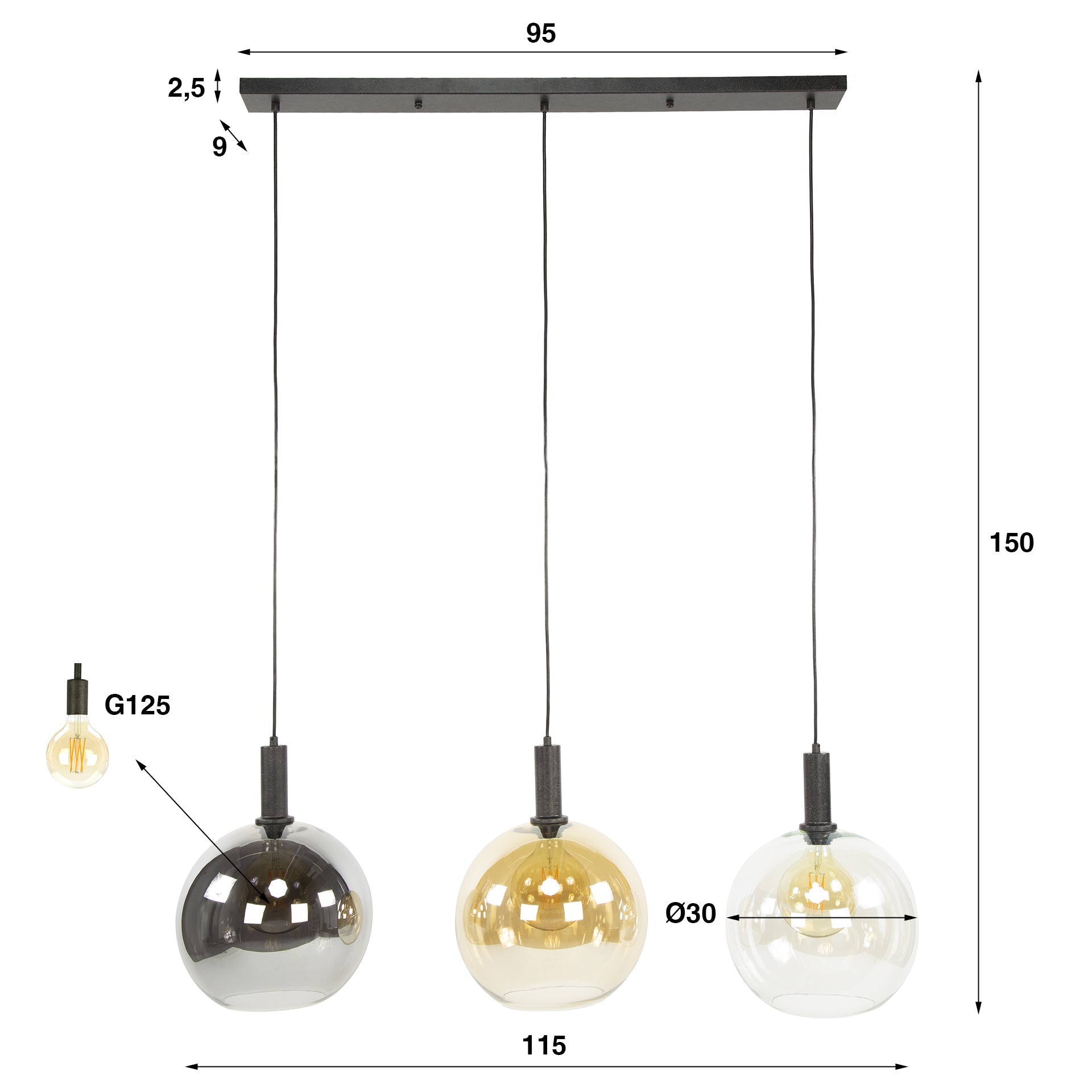 Hanglamp Sira - 3-lichts - Amber Mix - Glazen Bollen