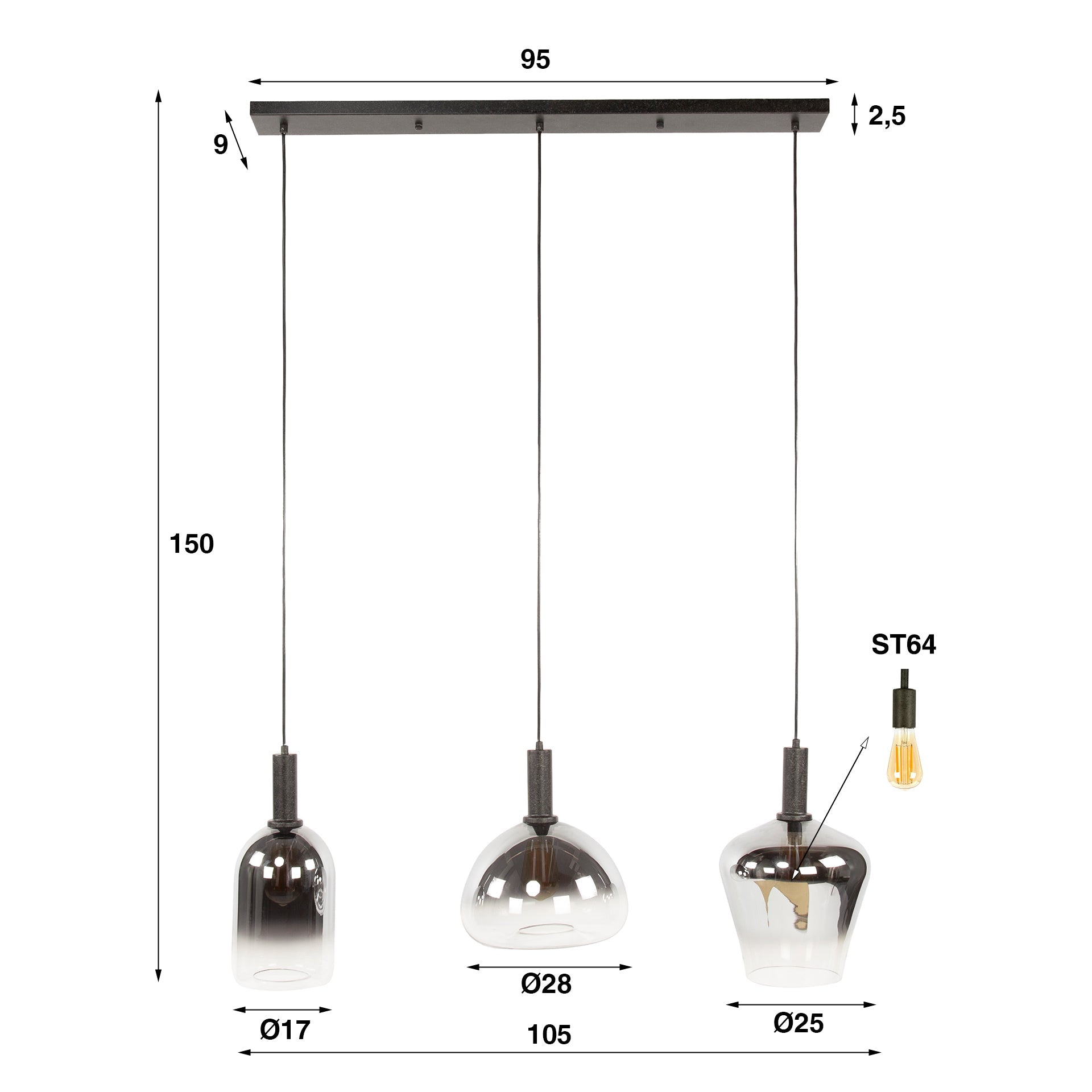 Hanglamp Auralis - 3-lichts - Chroom - Glas