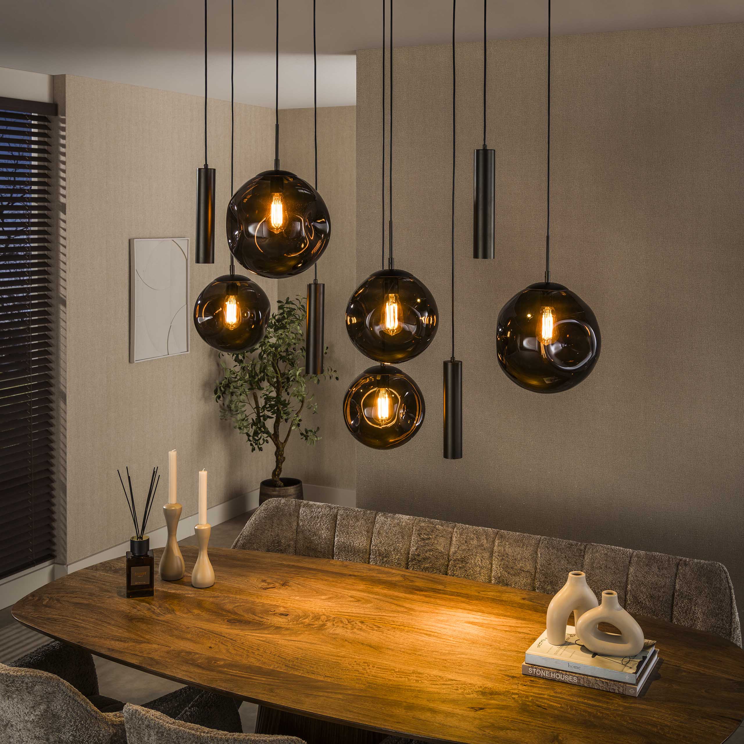 Hanglamp Bellum - 9-lichts - Brons - Glazen Bollen - Met Spots