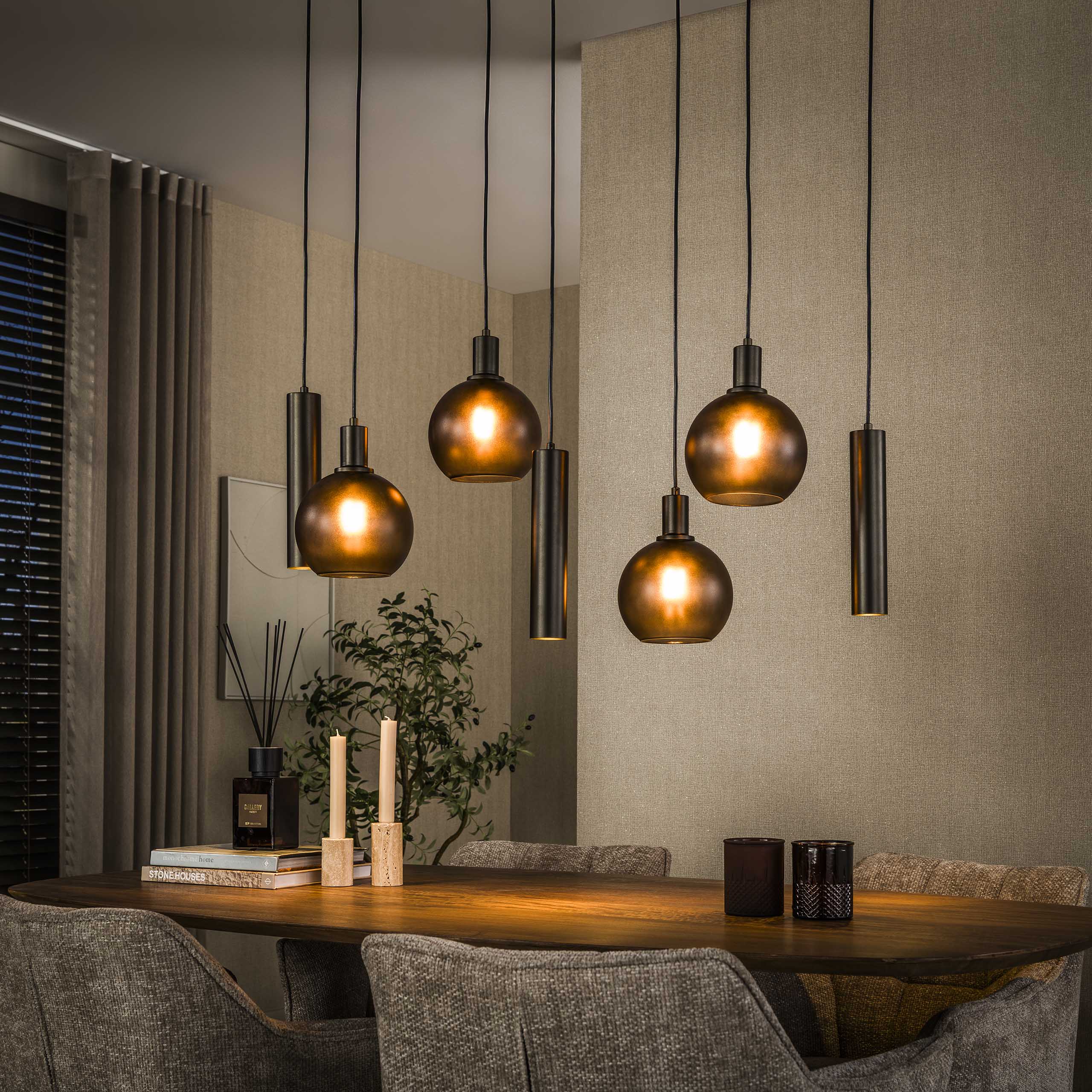 Hanglamp Luneo - 7-lichts - Brons - Matglas - Met Spots