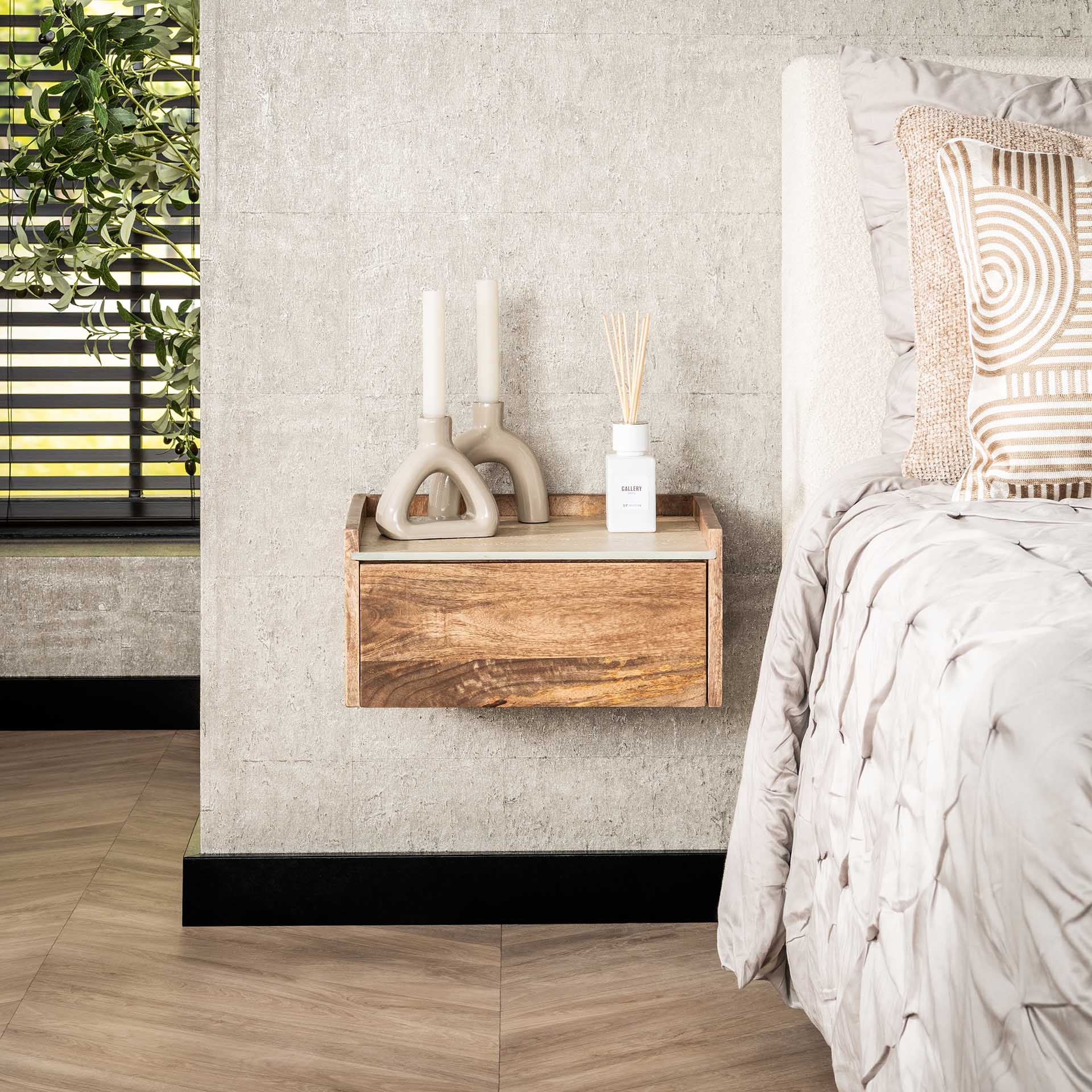 Nachtkastje Siena - Mangohout - Travertin - Zwevend