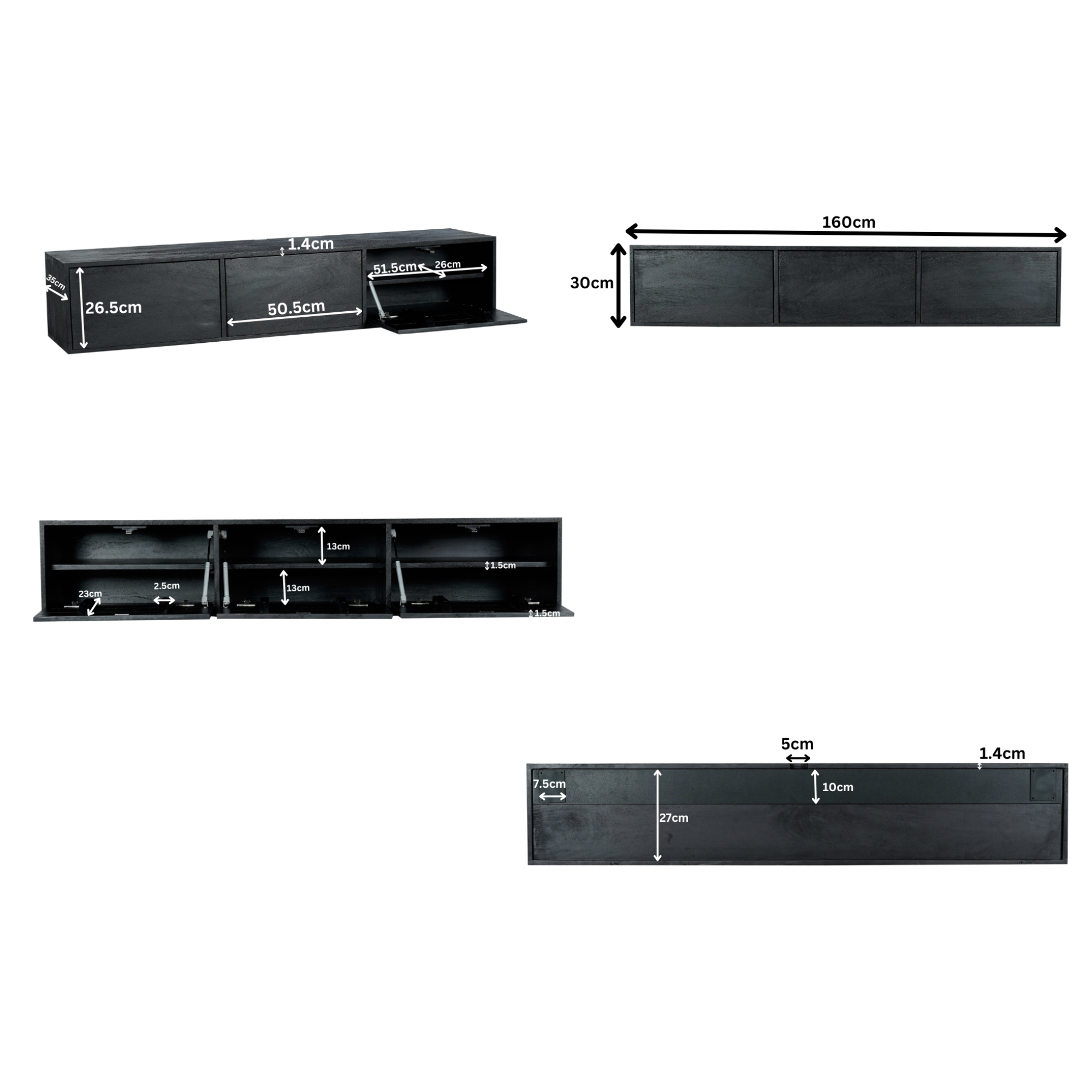 Zwevend TV-meubel Yuna - Zwart - 160 cm